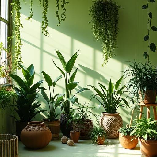 A lush, green studio filled with plants, natural light, and earthy textures, ideal for lifestyle and wellness shoots.