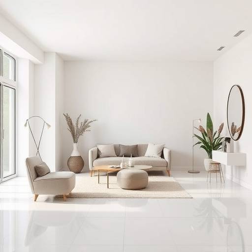A modern, chic studio with a neutral color palette, geometric accents, and a seamless floor.