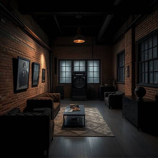 A moody, industrial-style studio with exposed brick walls, dramatic lighting, and dark furnishings.