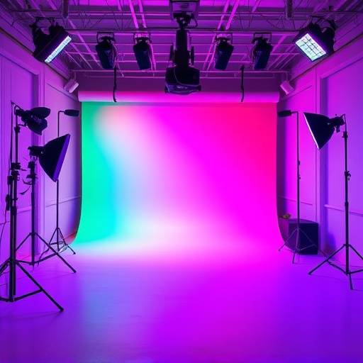 A vibrant studio space with customizable colored backdrops and dynamic lighting setups.